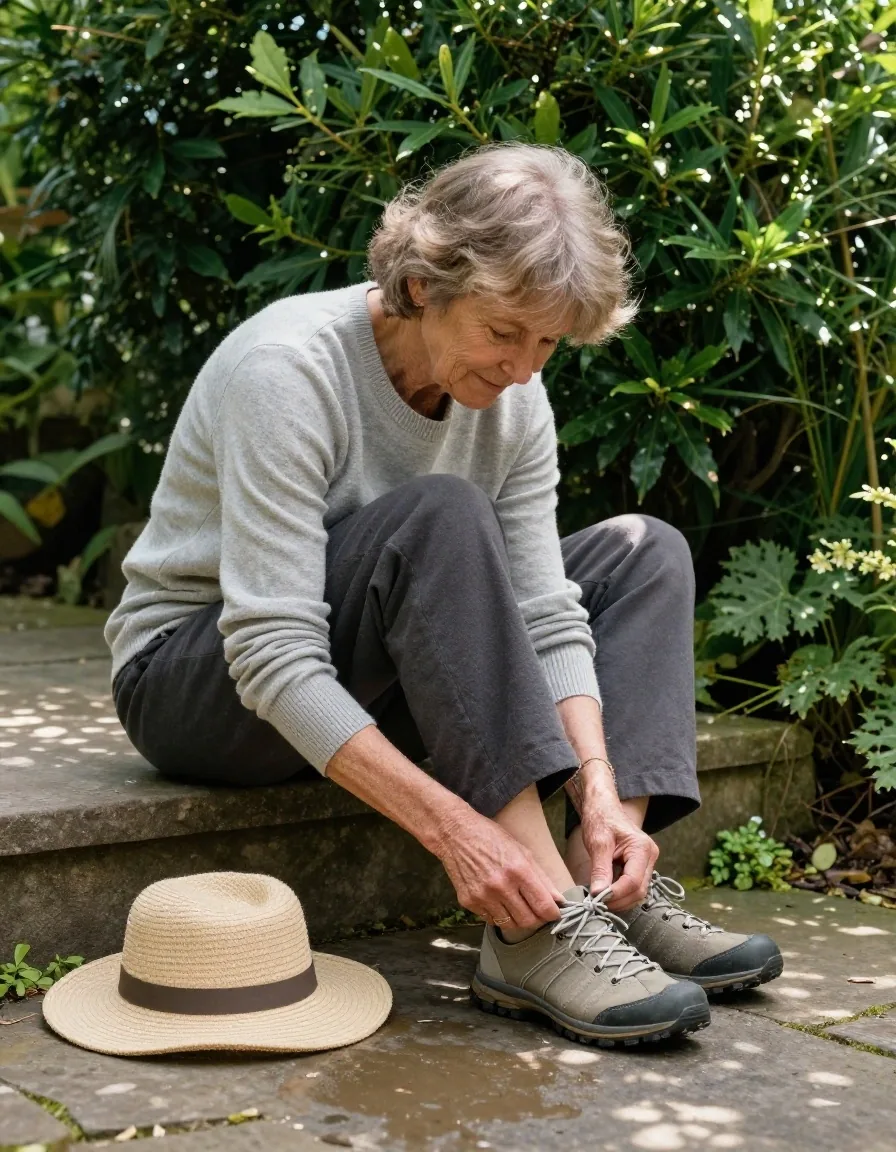 A woman in her sixties lacing walking shoes on a garden step before a morning walk