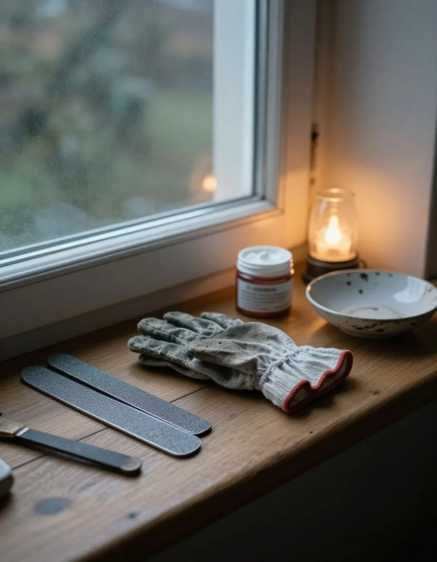 Simple hand and foot care items on a wooden windowsill in late afternoon light